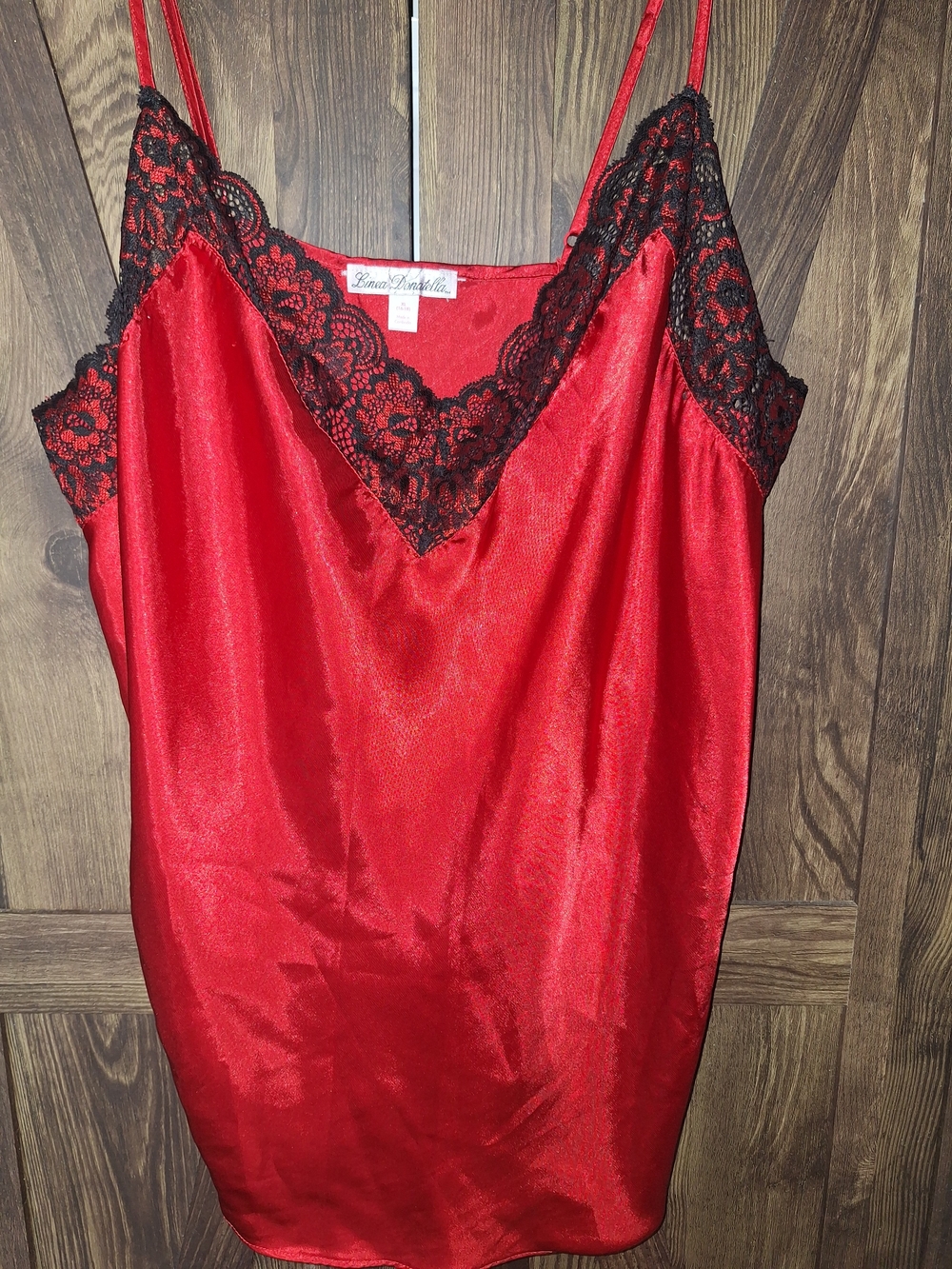 Linea Donatella Red Satin Slip with Black Lace Trim and Matching Short Set